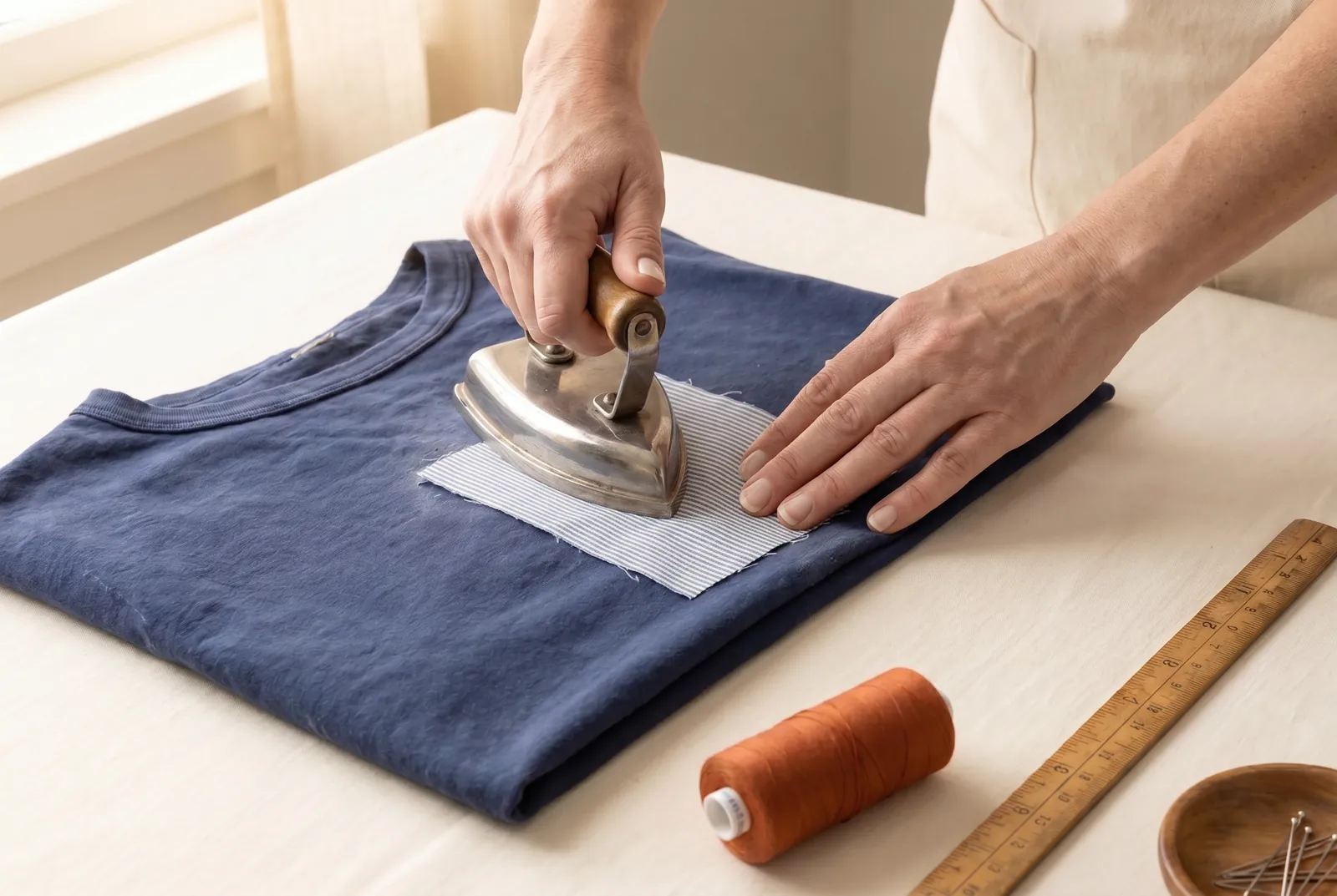Photo: Lay the patch and the cloth around the worn spot on the board and press both flat; cotton bears a hot iron and may be pressed damp.