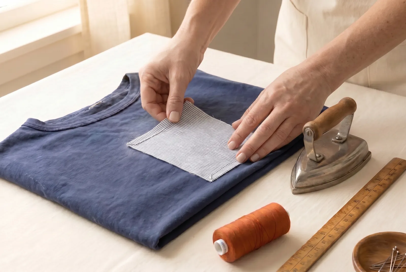 Photo: Set the patch right-side up over the worn spot on the outside of the garment, centered so the thin cloth sits well inside the patch edges.