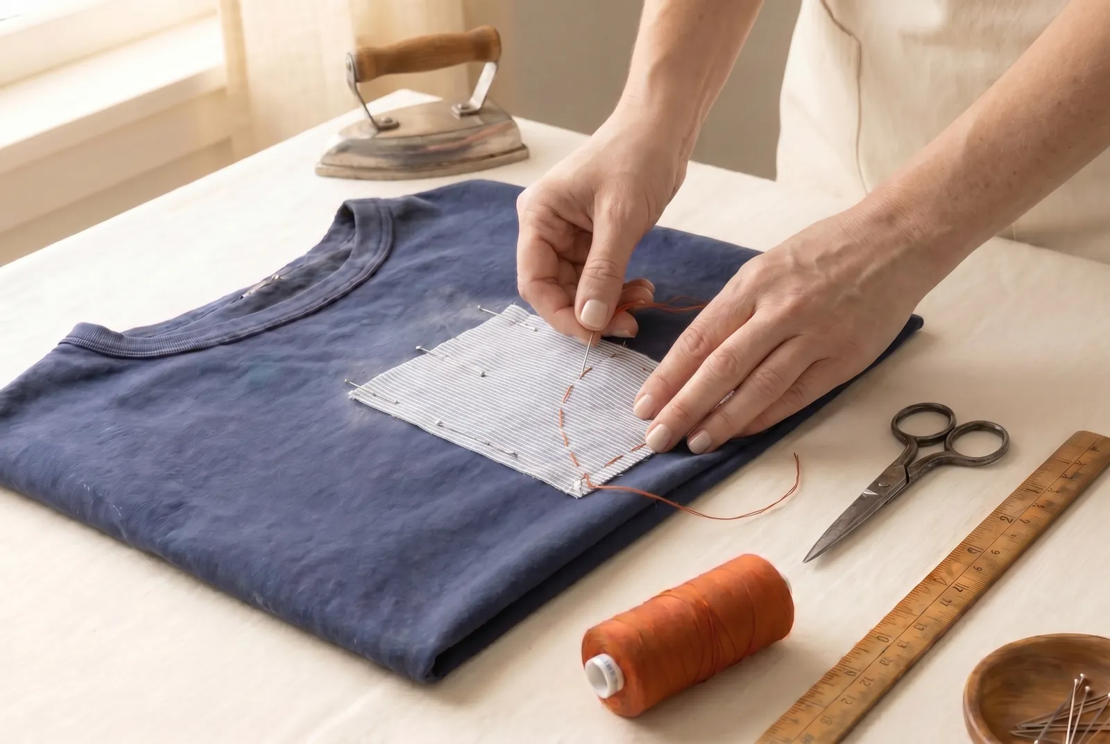 Photo: Pin the patch flat, then baste it to the garment with long stitches around all four edges and once or twice across the middle.
