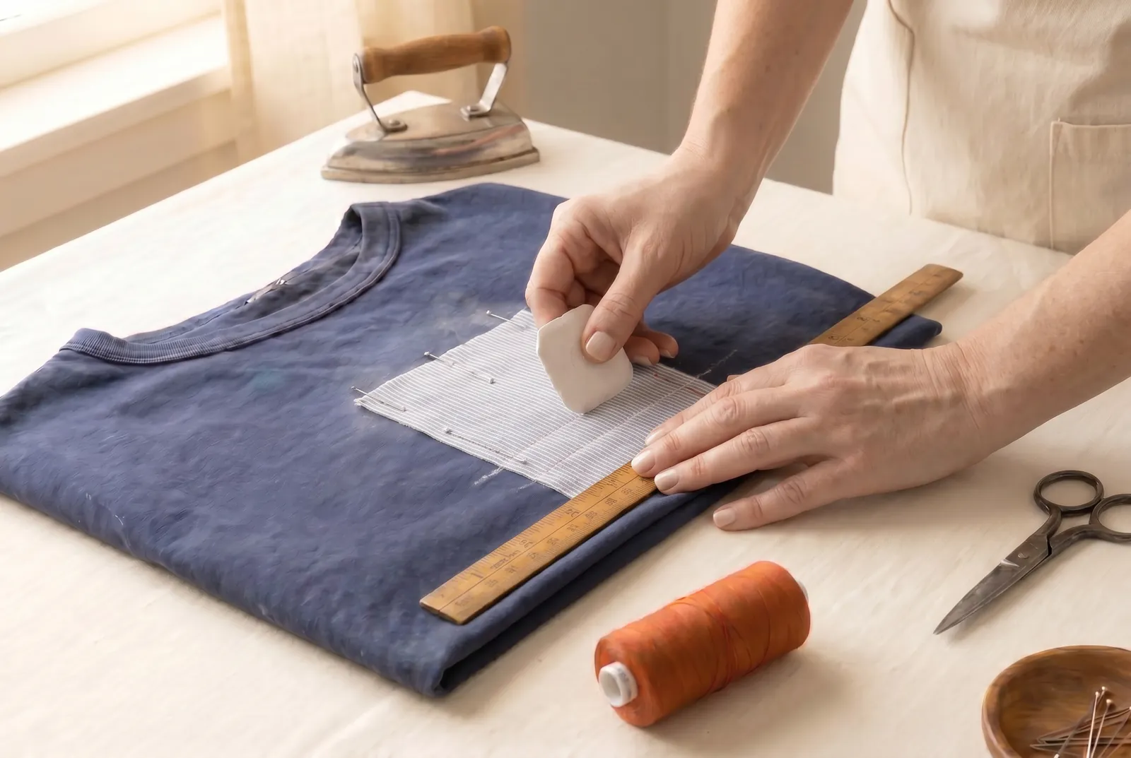 Photo: On the right side, mark parallel stitching lines across the patch with tailor's chalk and a ruler, 6 to 10 mm (1/4 to 3/8 in) apart.