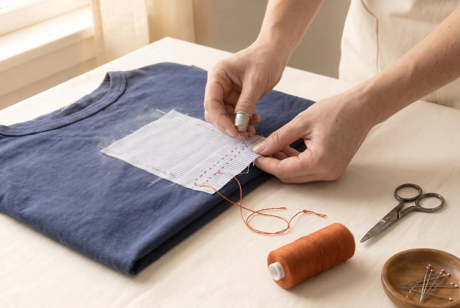 Photo: Stitch along each marked line with small, even running stitches — the 'little stabs' that name sashiko — passing the needle through both the patch and the garm…