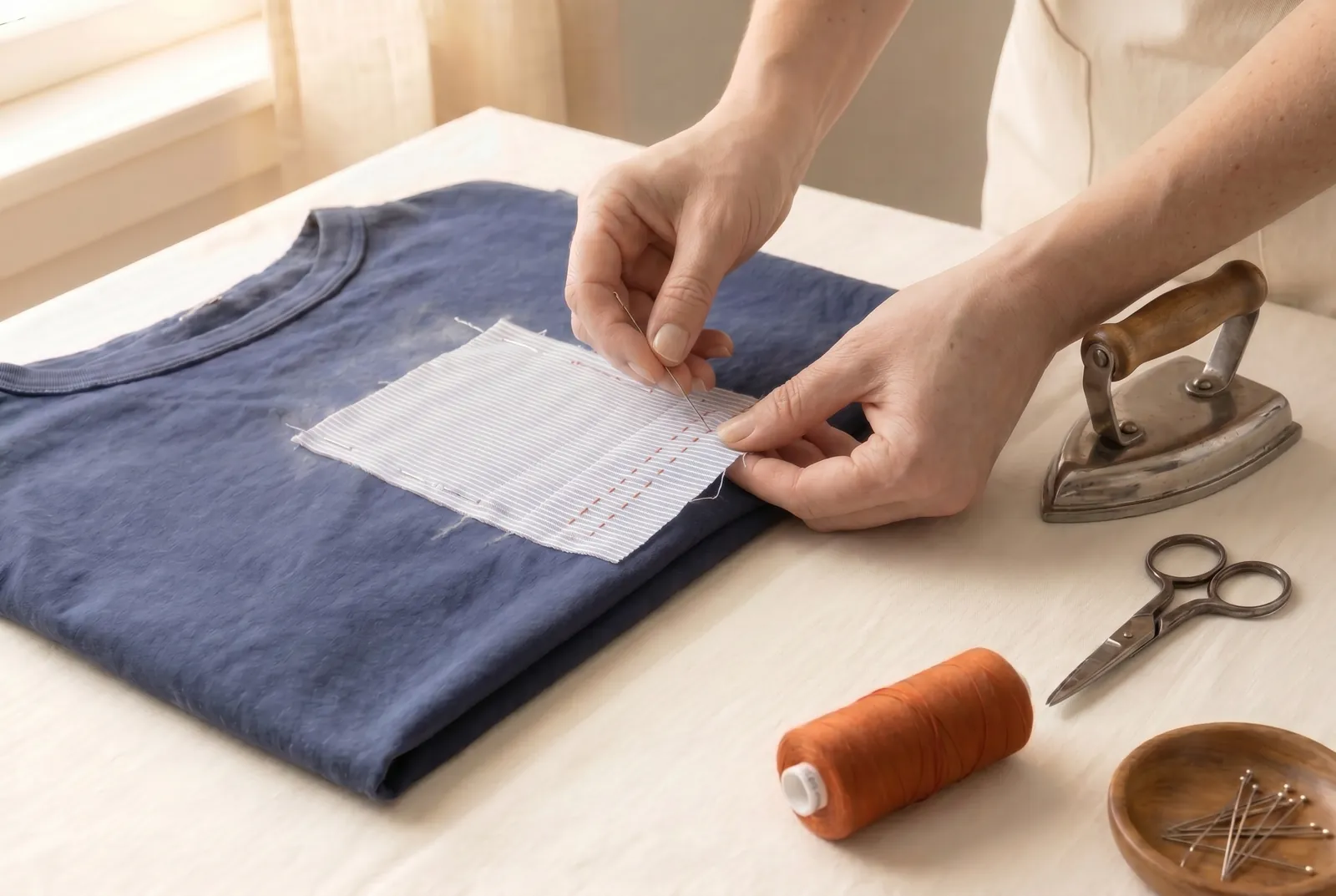 Photo: Pull out the basting threads and press the finished mend flat.