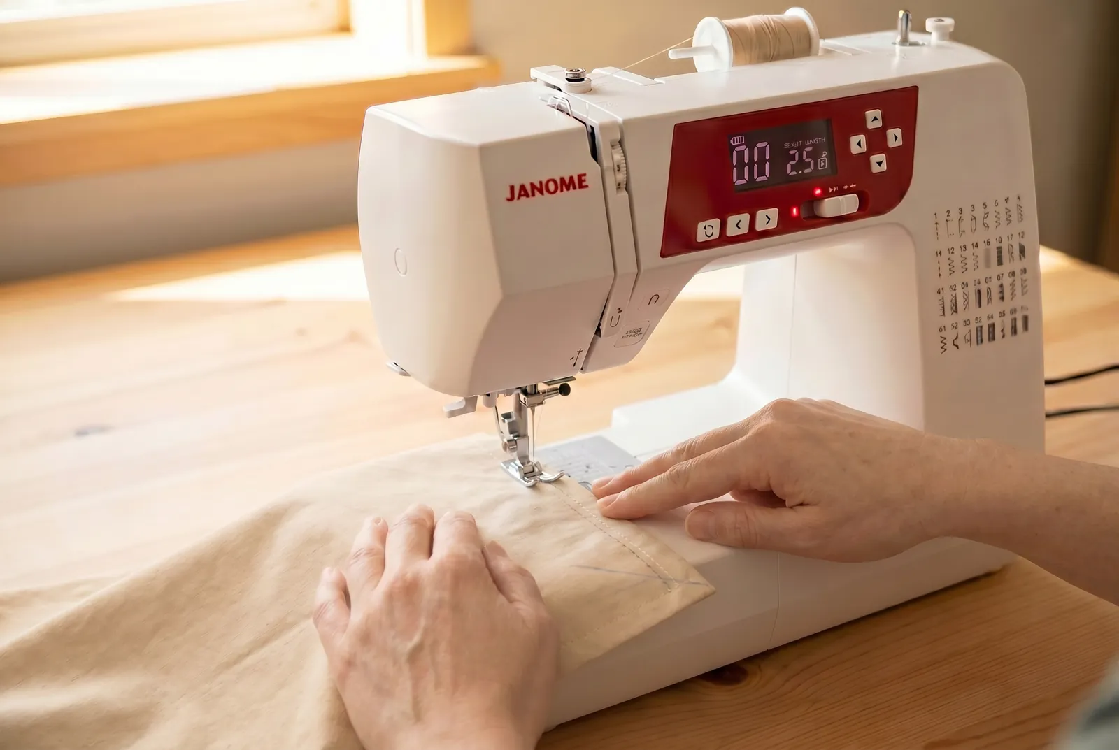 Photo: When the raw edge you are following meets the far edge of the fabric, stop with the needle down in the fabric - press the needle-down button if your J30 is set…