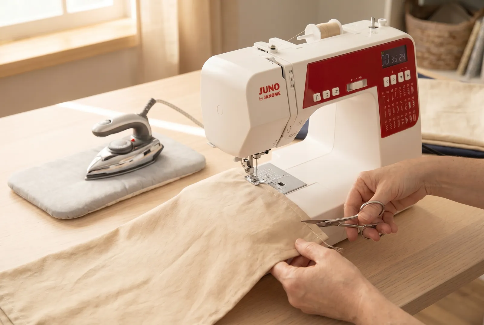 Photo: At the end of the seam, backtack about 1 cm again to lock it off, trim the thread tails, then press the seam allowance open with the iron.