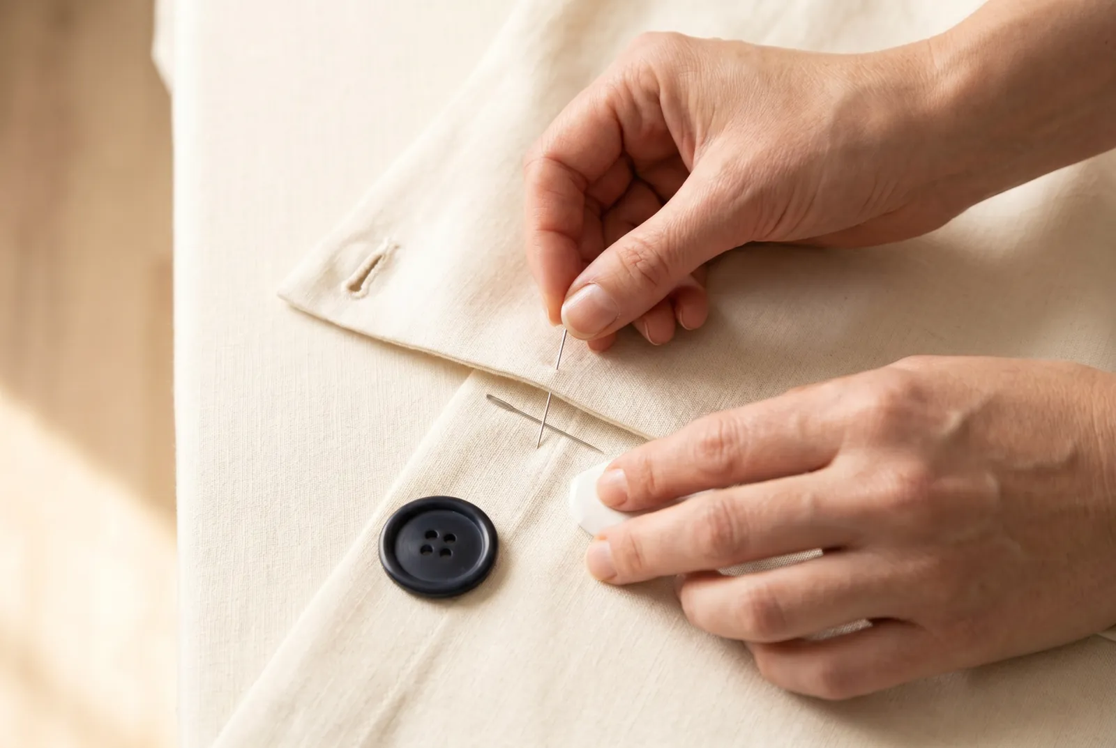 Photo: Lap the closing the way it will be worn and push a pin straight down through the outer end of the buttonhole into the cloth beneath.