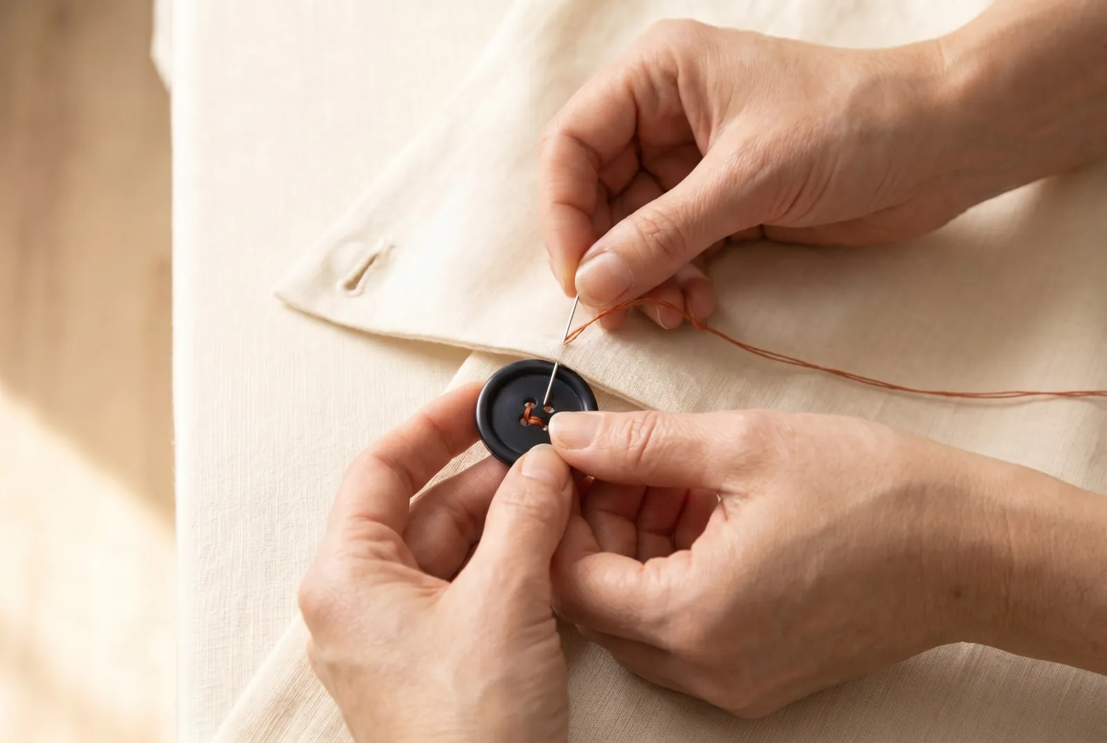 Photo: Starting on the right side of the cloth, take one small stitch right at the marked spot so the knot will lie under the button and stay hidden.