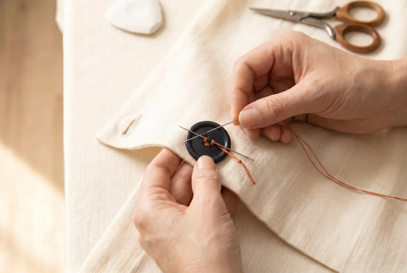 Photo: Lay a pin flat across the top of the button, crossing over both pairs of holes, so that every stitch you are about to make passes over the pin rather than besi…