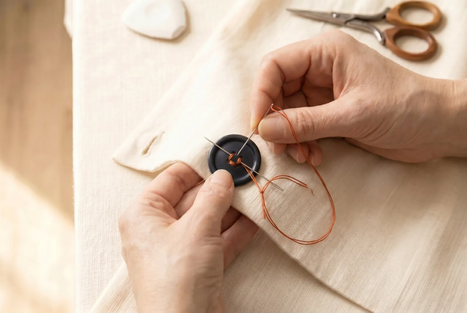 Photo: Take the needle down through the neighbouring hole and through the cloth, then up again through the first hole, drawing the thread over the pin each time.