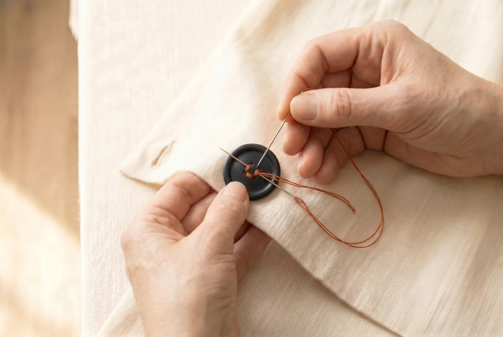 Photo: Bring the needle up through one of the two holes you have not used and work another six to eight stitches across to its neighbour, over the same pin, the same…
