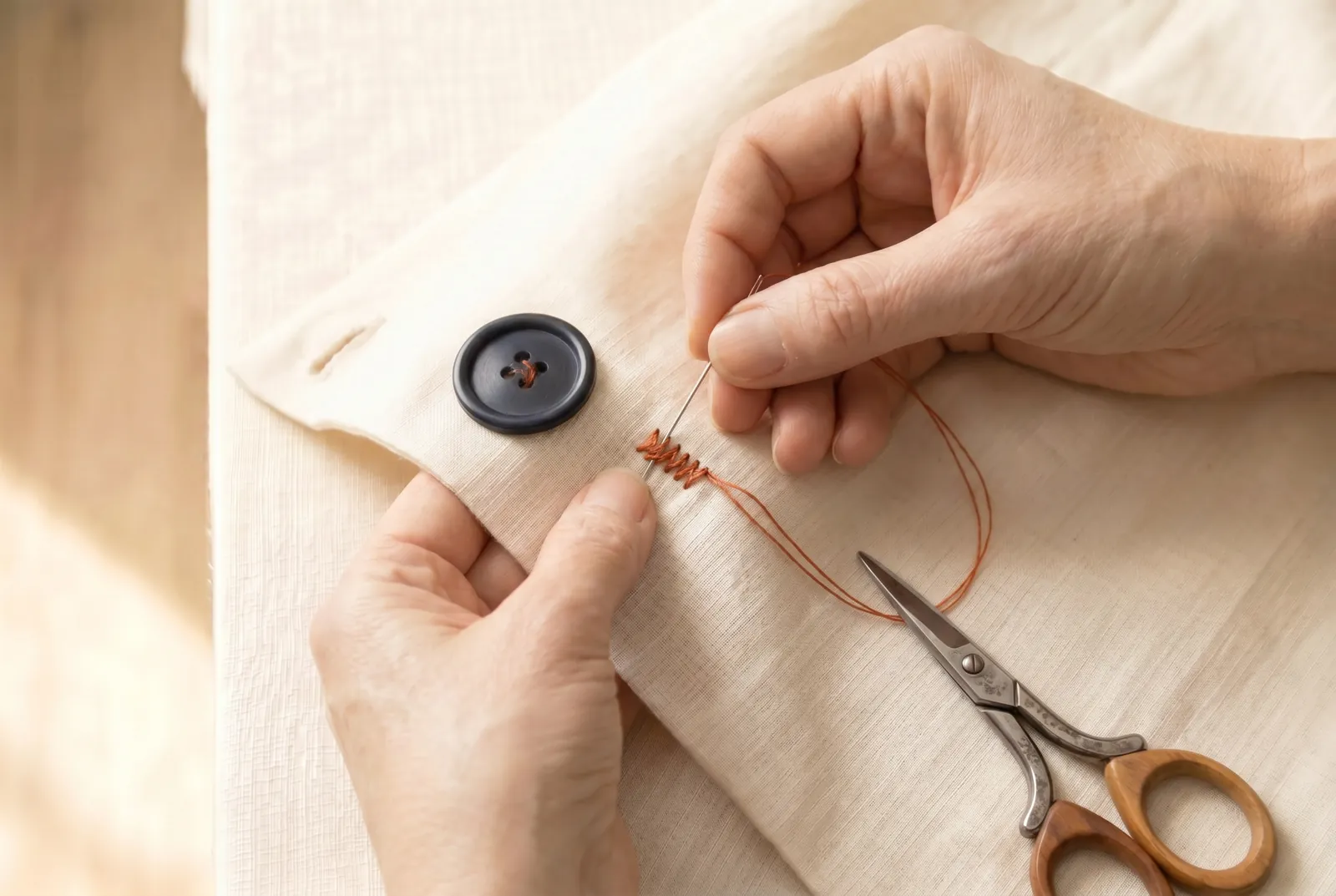 Photo: Pass the needle down through the cloth to the wrong side, under the button, and finish with two or three small stitches worked over each other into the cloth o…