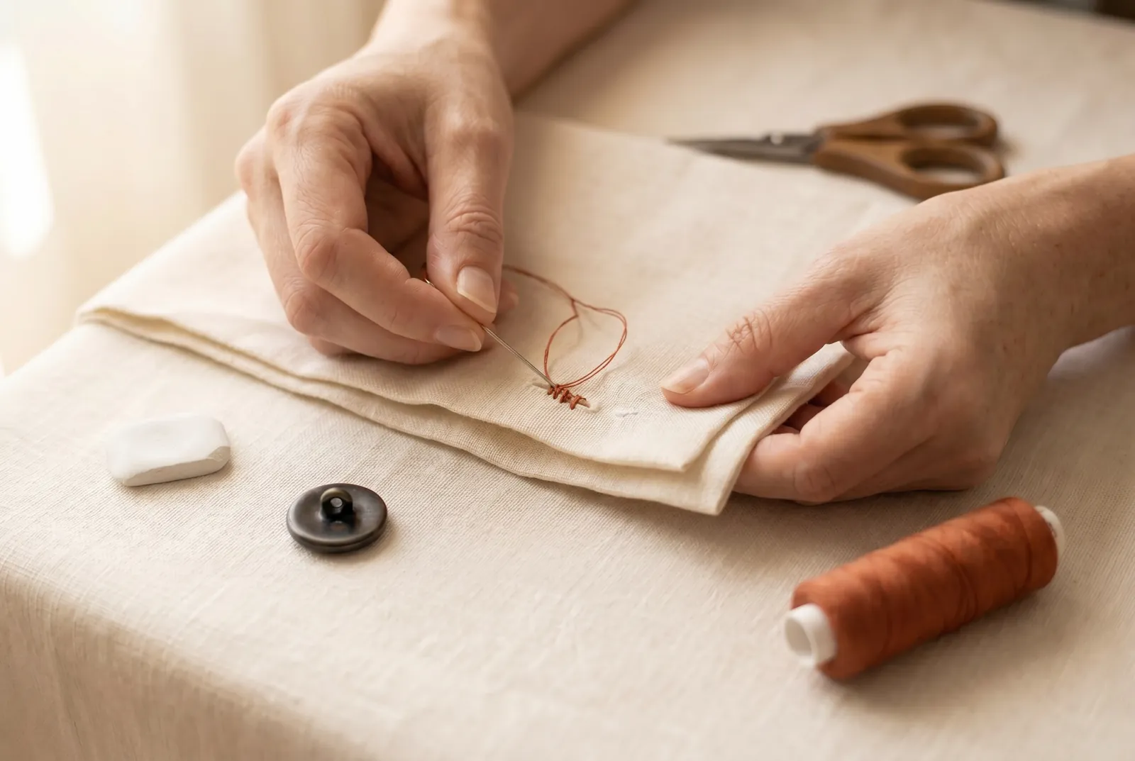 Photo: Anchor the thread where the button will sit, before the first pass through the loop.