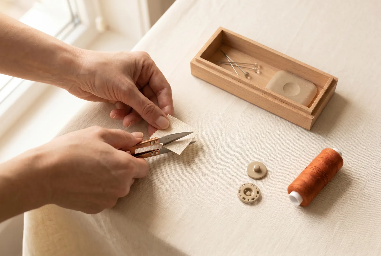Photo: Cut a stay to sit behind each fastener half: a square of firm tape or linen about 2 cm (3/4 in) across, a little larger than the snap.