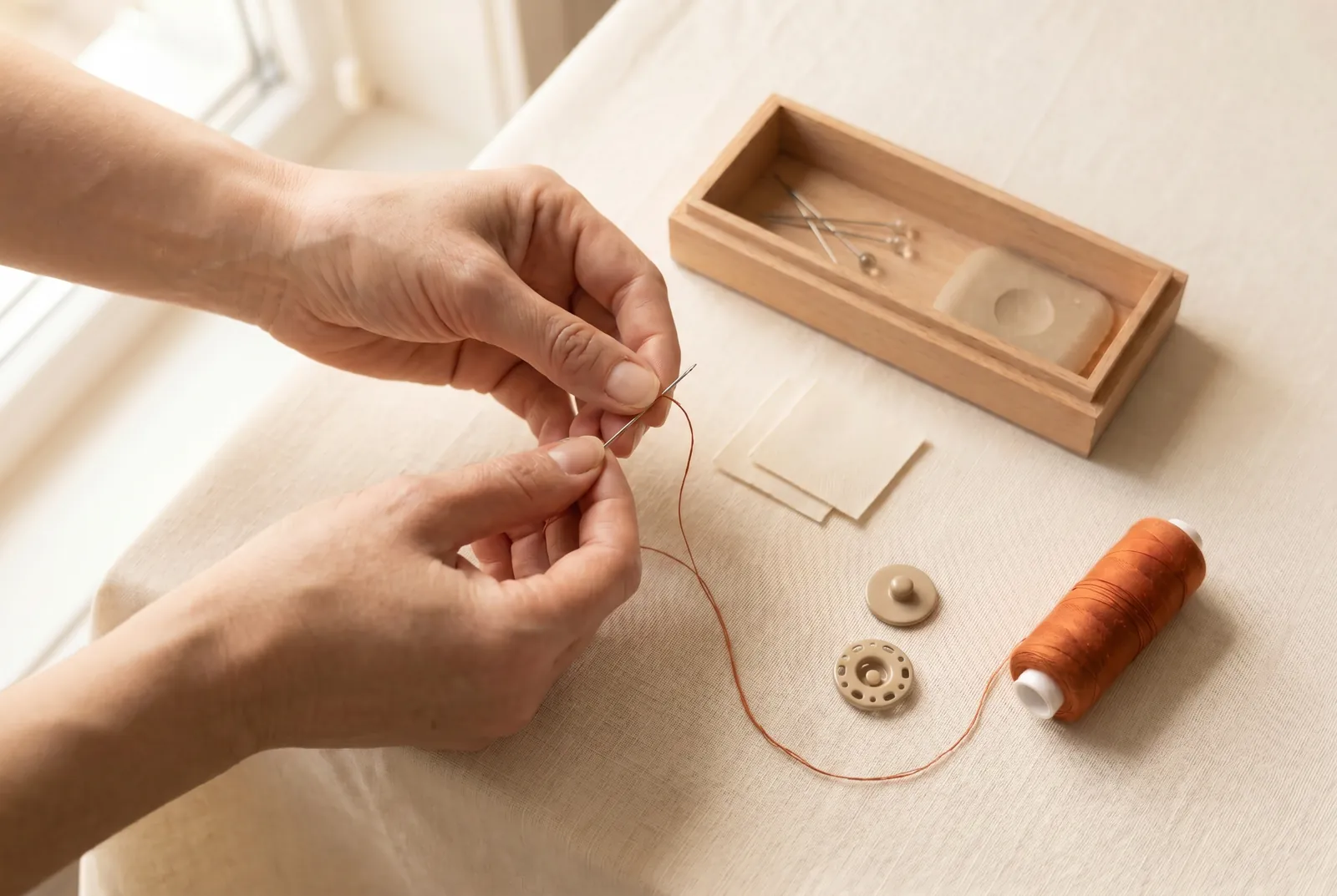 Photo: Thread a fine needle — a sharps, size 8 or 9 — with soft cotton thread rather than silk.