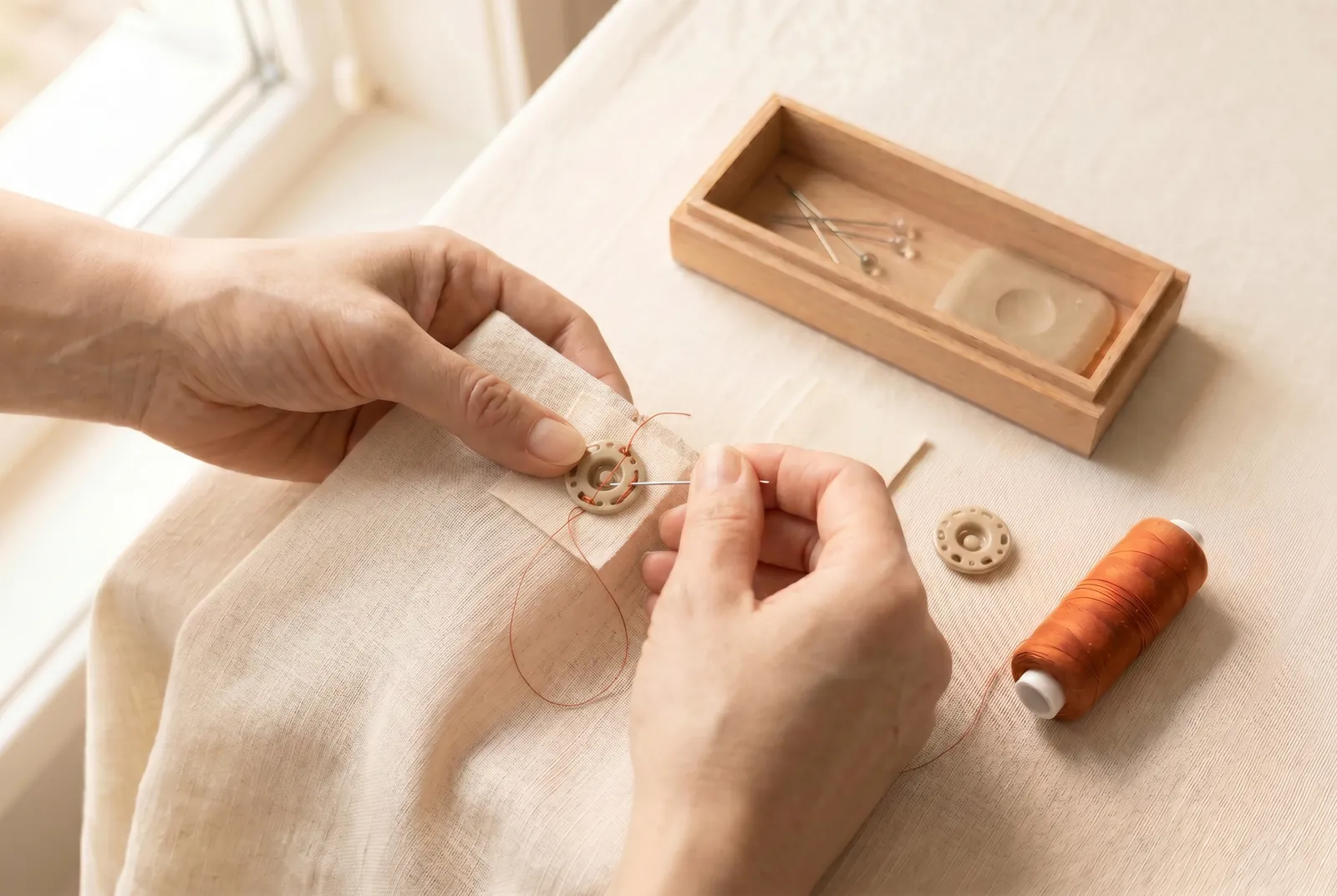 Photo: When the half is stitched down, end the thread without a knot: on flat work a knot wears through, shows under the iron, and comes out in the wash.