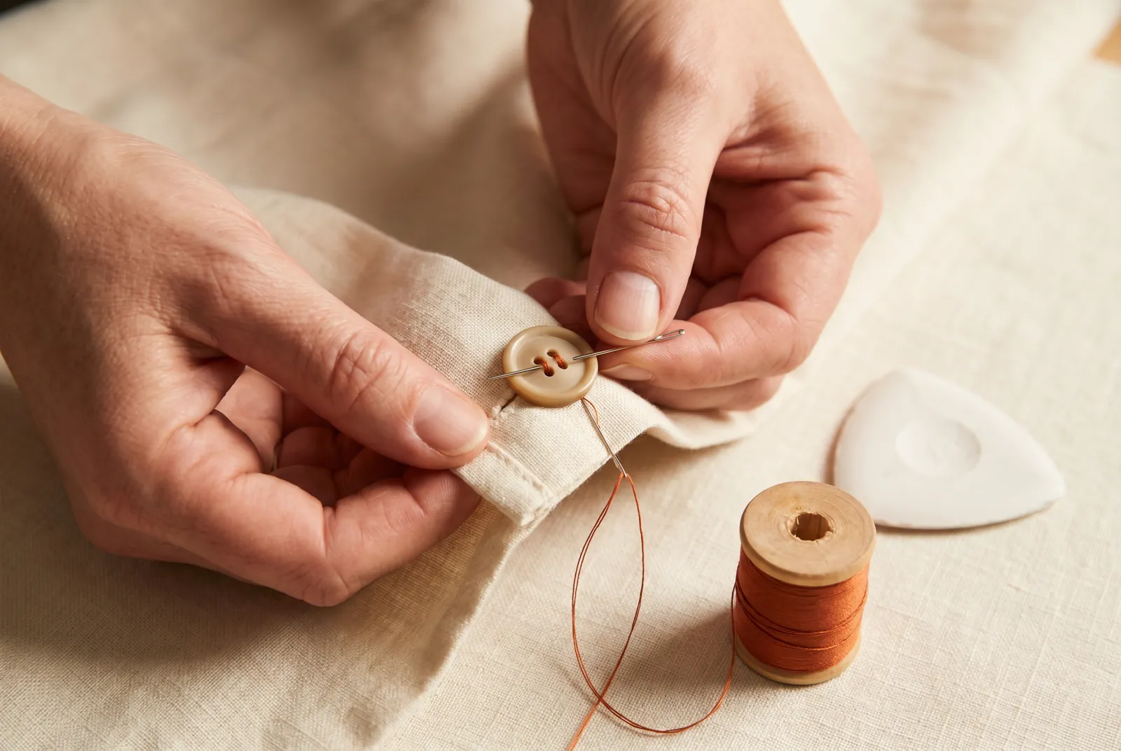Photo: Lay a pin flat across the top of the button, resting over both holes.