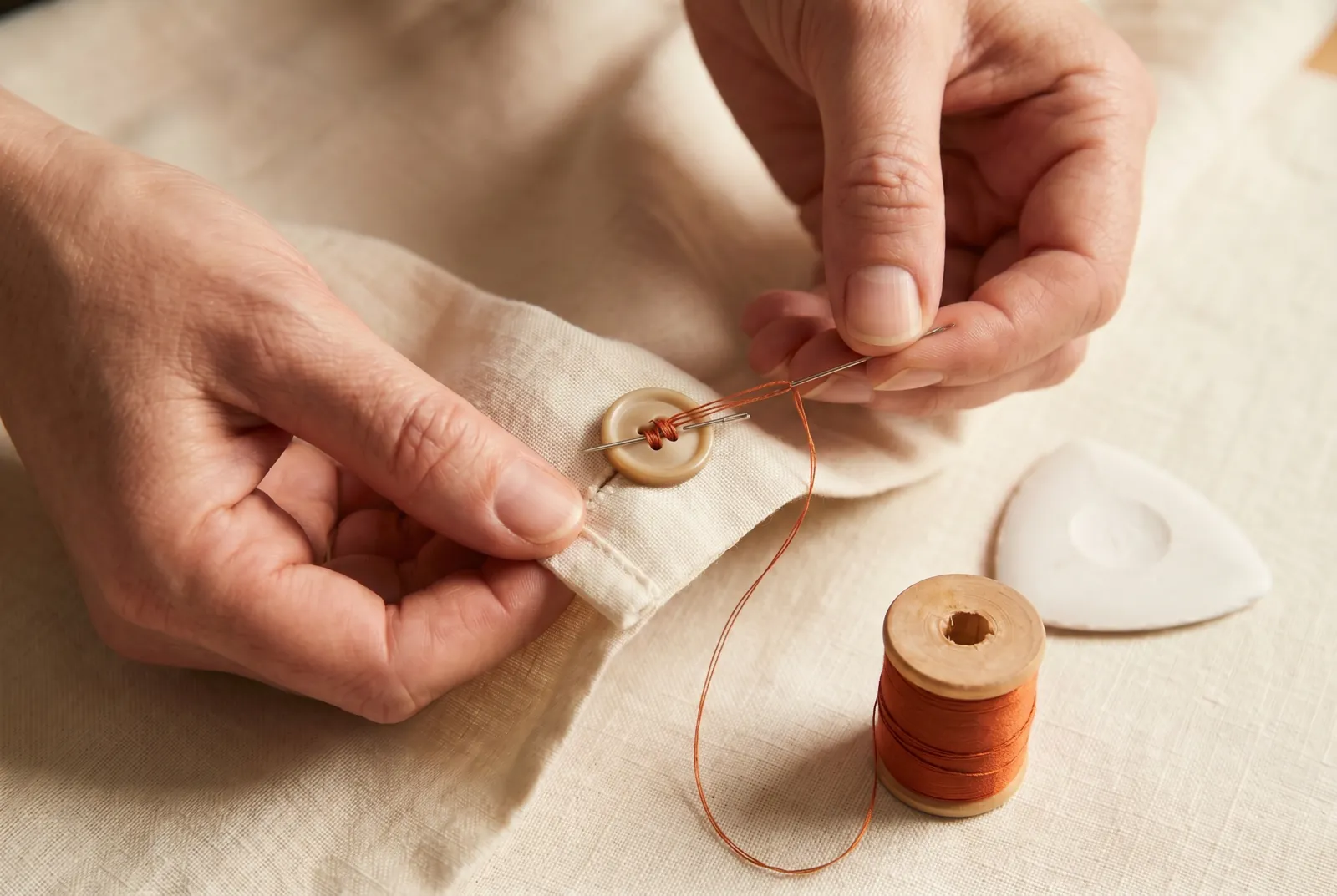 Photo: Sew the bar: take the needle down through the second hole and through the cloth, then up again through the first hole, each pass crossing over the pin, until s…