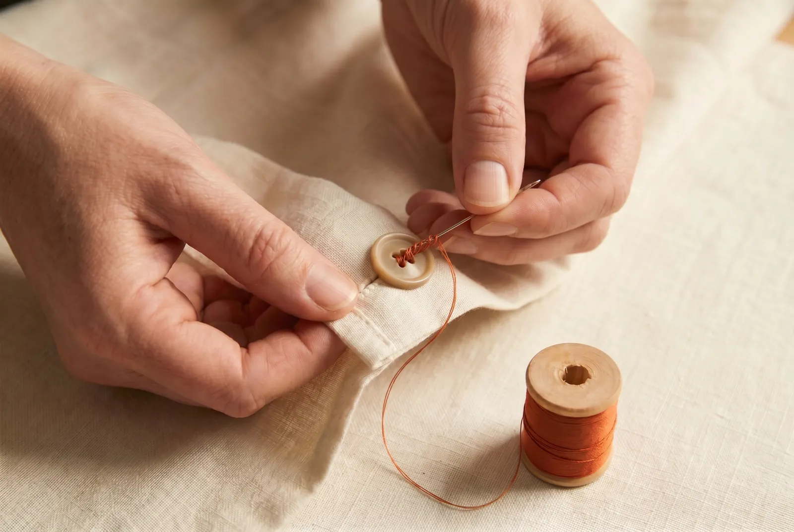 Photo: Wind a thread shank under the button, matching its length to the thickness of the buttonhole lap.