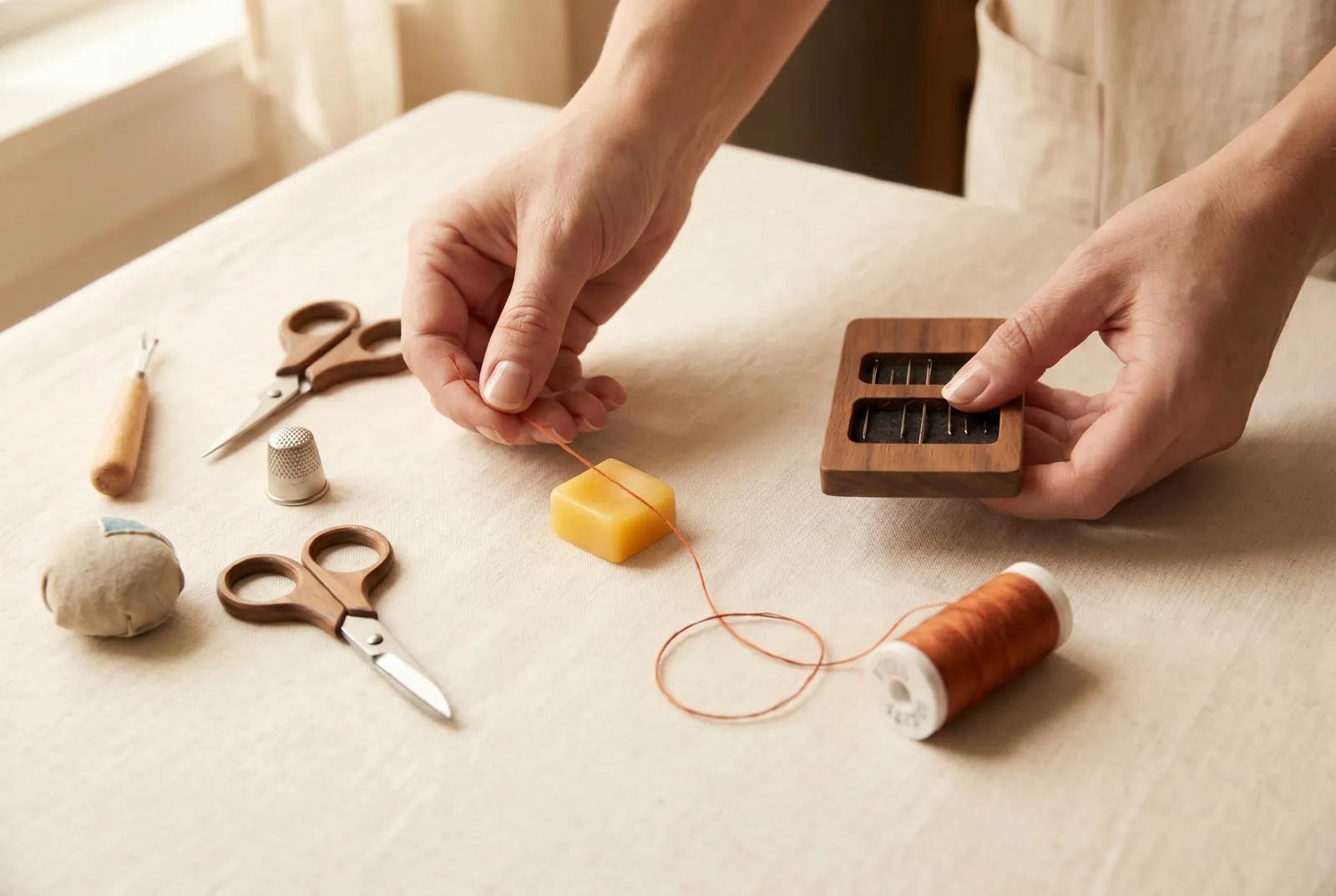 Photo: Match the thread to the cloth, then the needle to the thread: choose a cotton thread suited to the goods, and a needle suited to that thread.