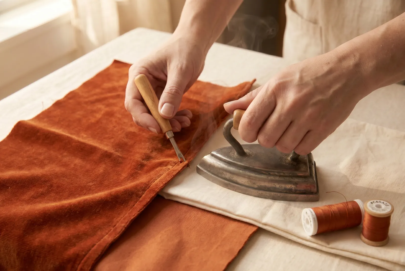 Photo: Press each seam as soon as it is sewed, and always before another seam crosses it, because a seam once crossed can never afterward be pressed flat.