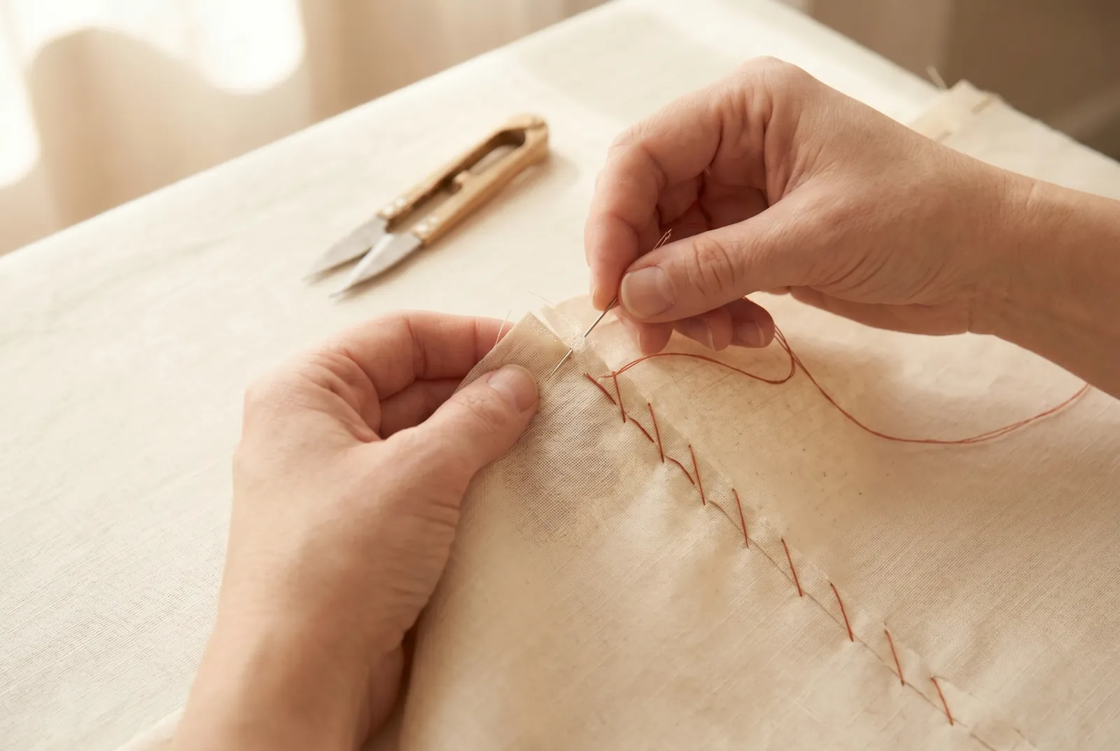 Photo: Close the two raw edges against fraying by overcasting them together: work a row of slanting stitches that each pass over the edge and through both layers, spa…