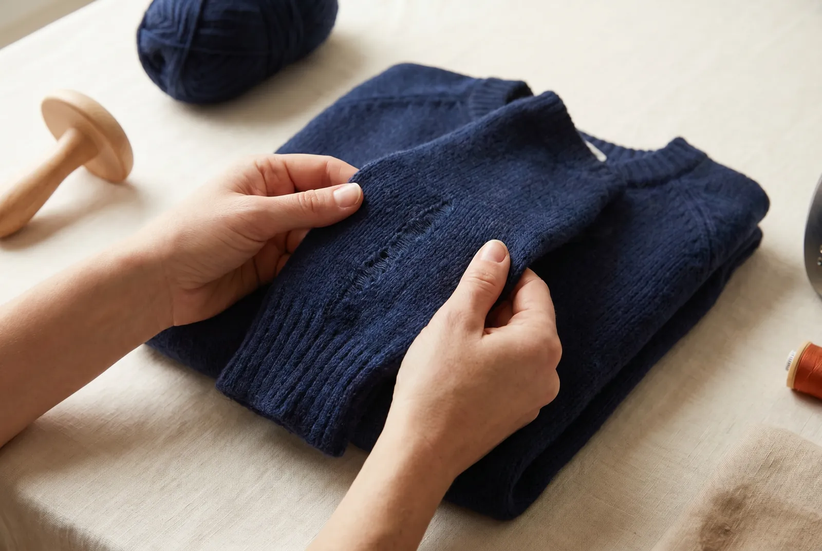 Photo: Look over the sweater for areas worn thin — the elbows, cuffs, and seat go first — and for any small holes.