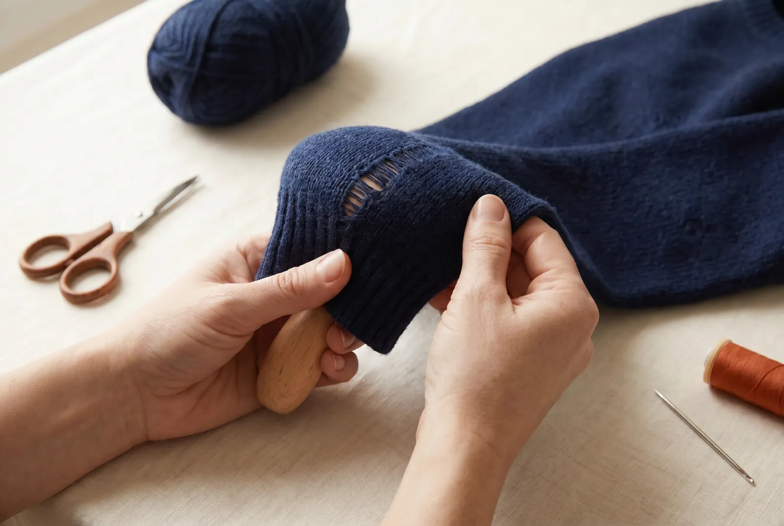 Photo: Slip the darning ball or egg under the worn area so the knit is held curved and slightly taut, its loops open and clear to follow.