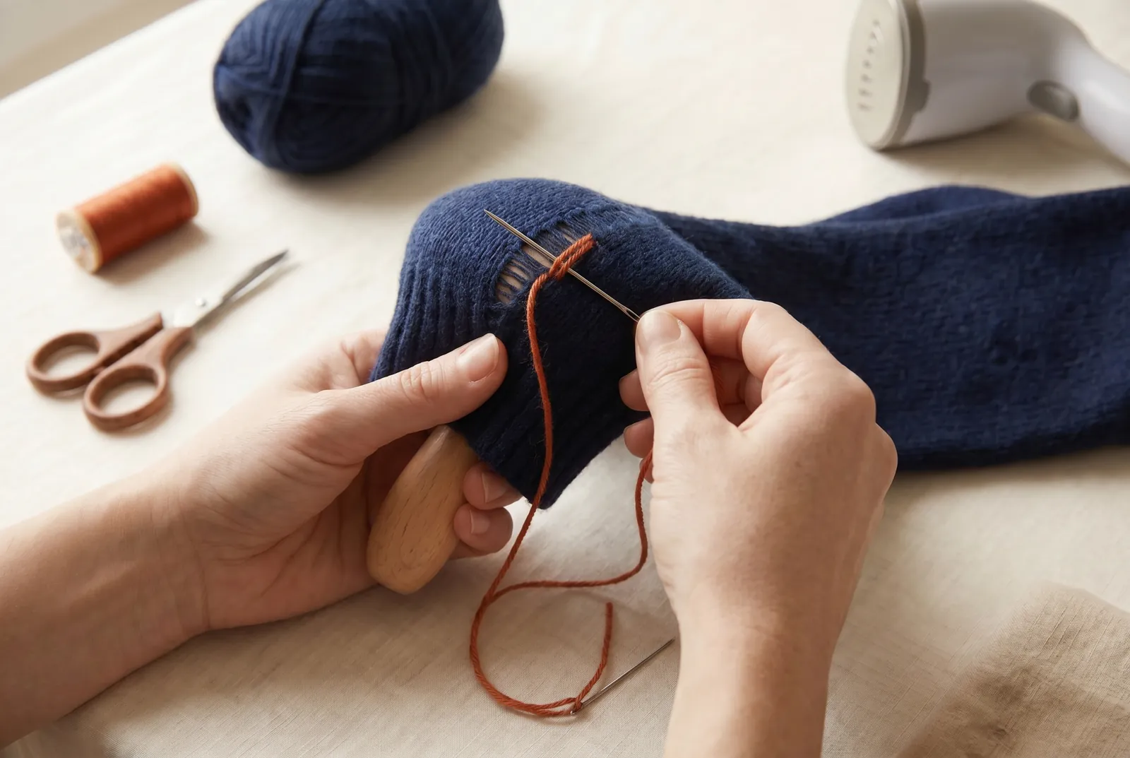 Photo: Begin the duplicate stitch at one edge of the thin area.