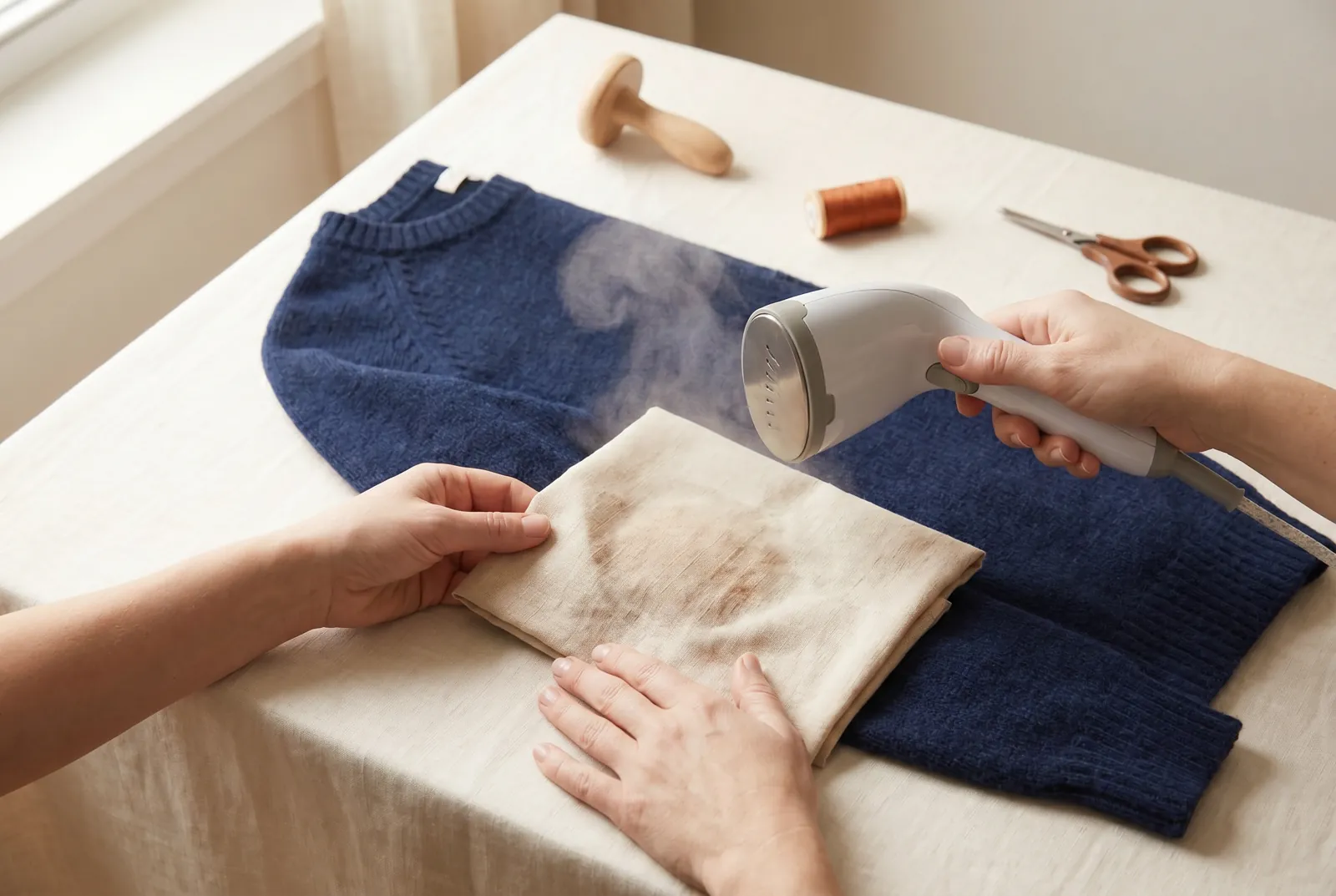 Photo: When the mend is done, lay the damp pressing cloth over it and steam it lightly, holding the iron above the cloth with no downward pressure.