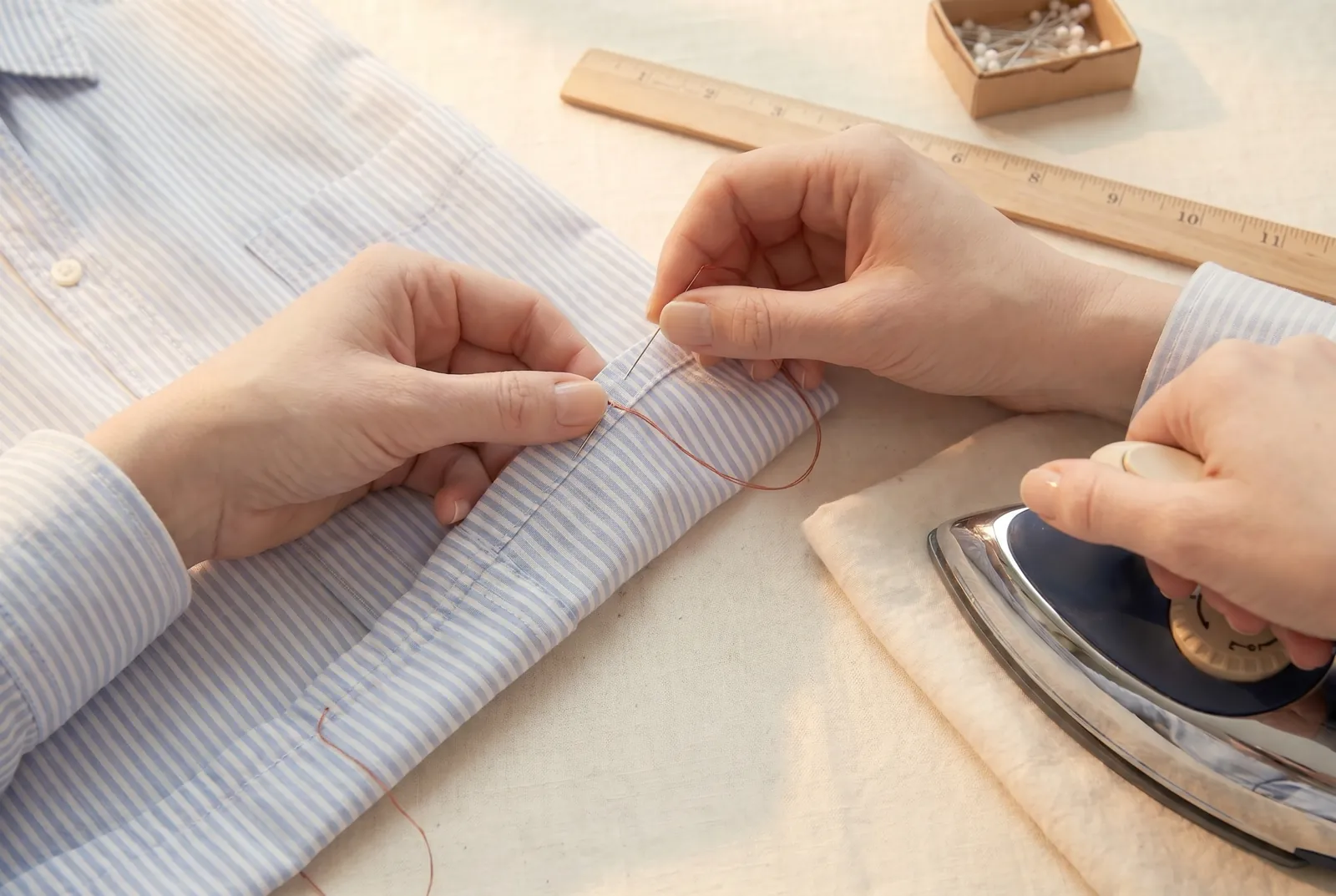 Photo: Fold the opened hem back along its original crease across the new seam, and sew it down with a slip stitch, catching a single thread on the outside so no stitc…