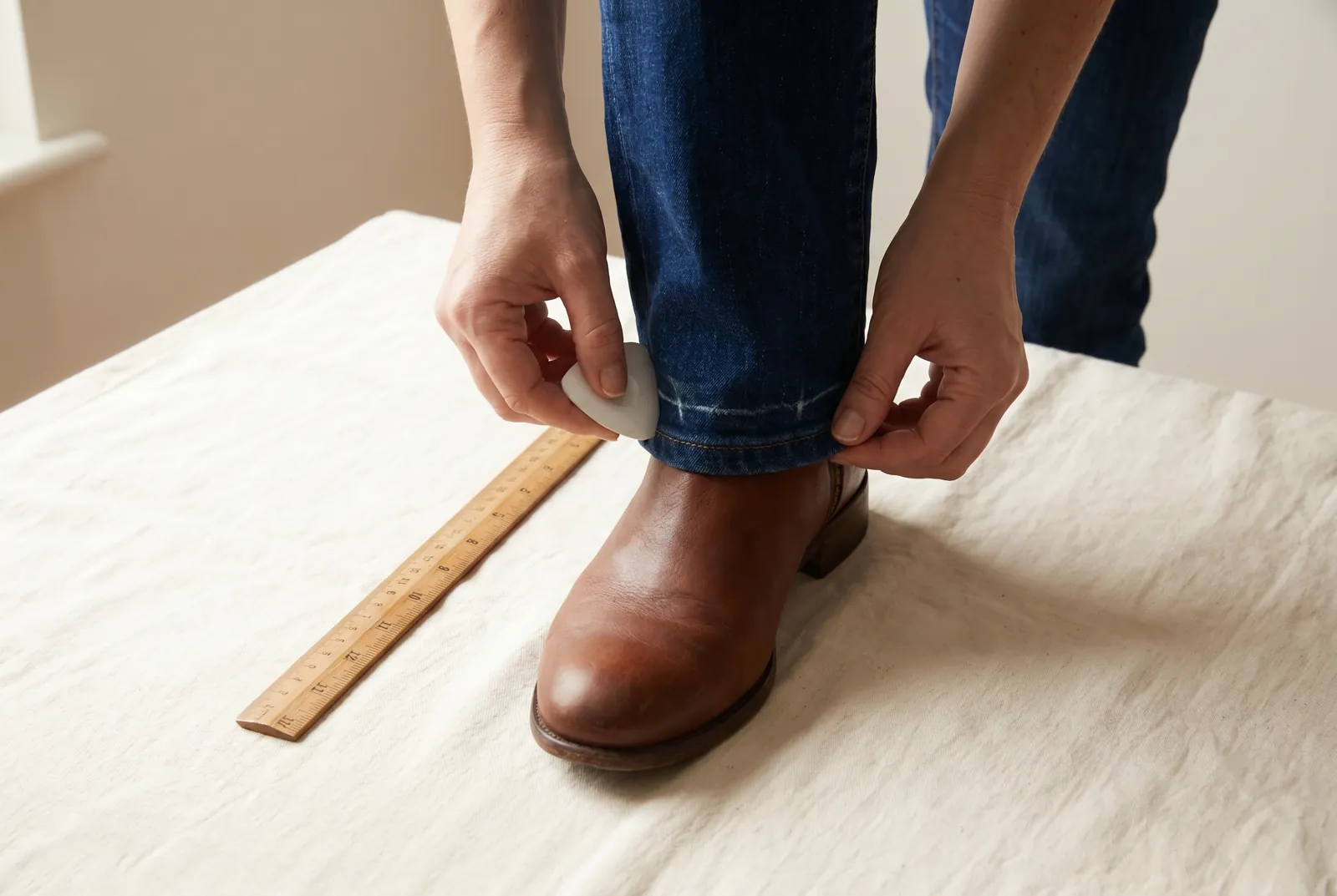 Photo: Put the jeans on with the shoes you will wear with them, and fold each leg under until the bottom sits where you want it, with a little break over the shoe.