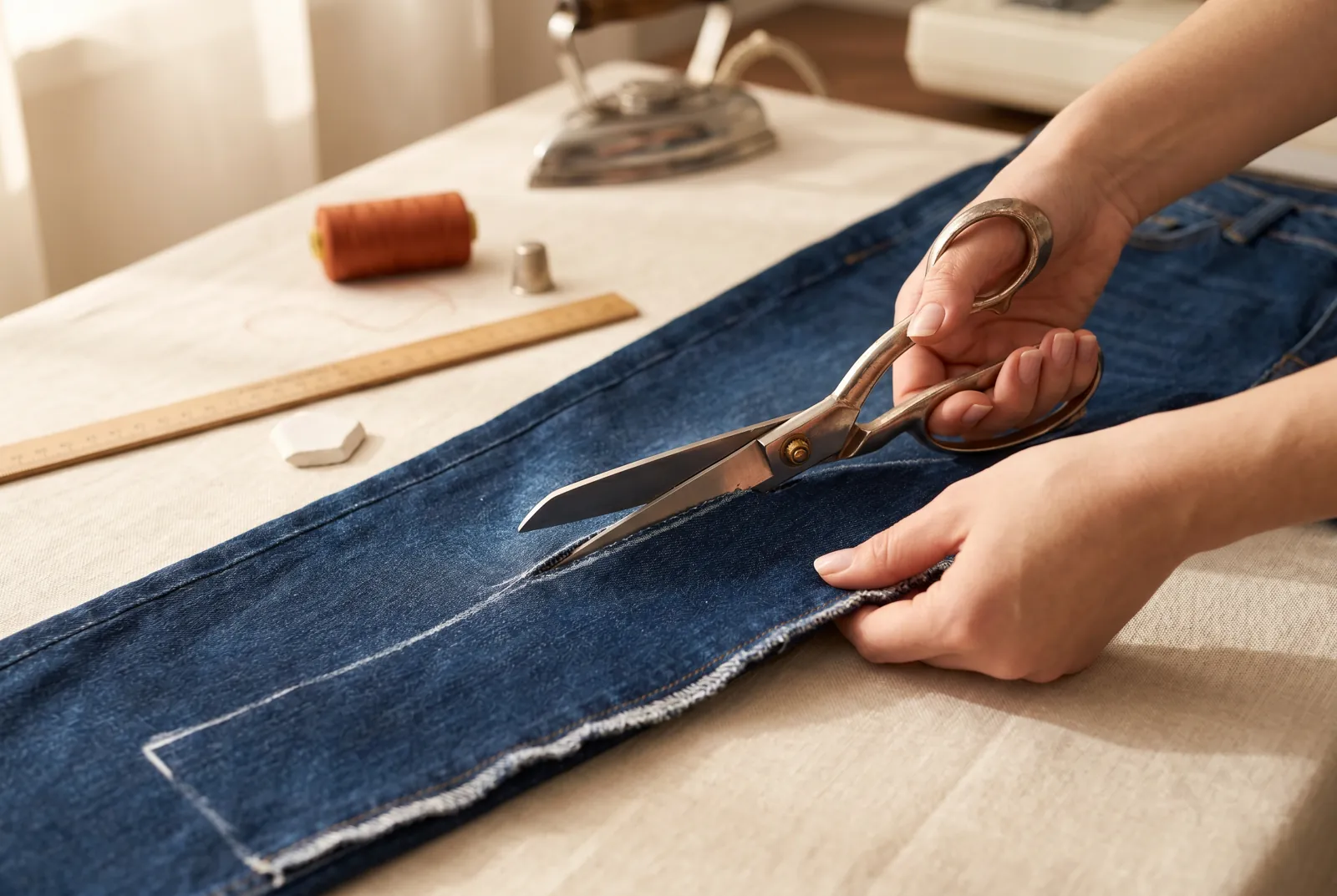 Photo: Cut across each leg along the lower line, keeping the cut straight and square to the side seams.
