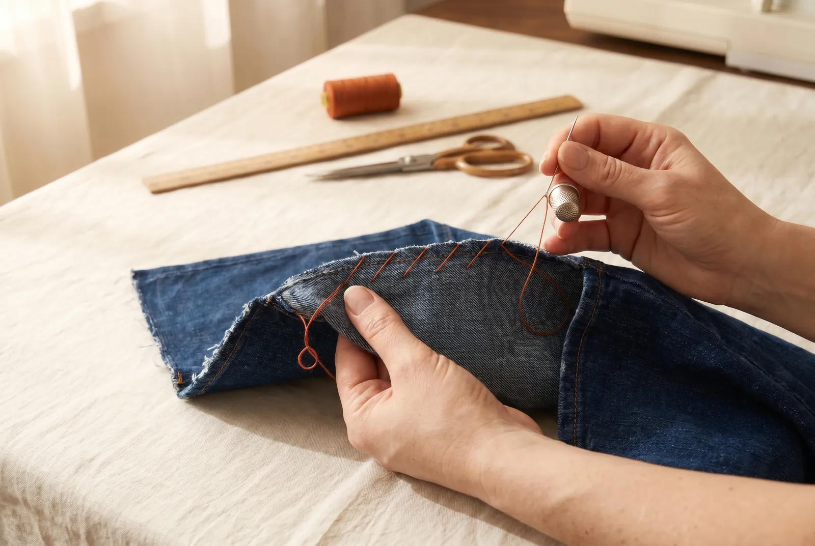 Photo: Denim frays hard at a raw edge, so lock the cut edge before you fold it.