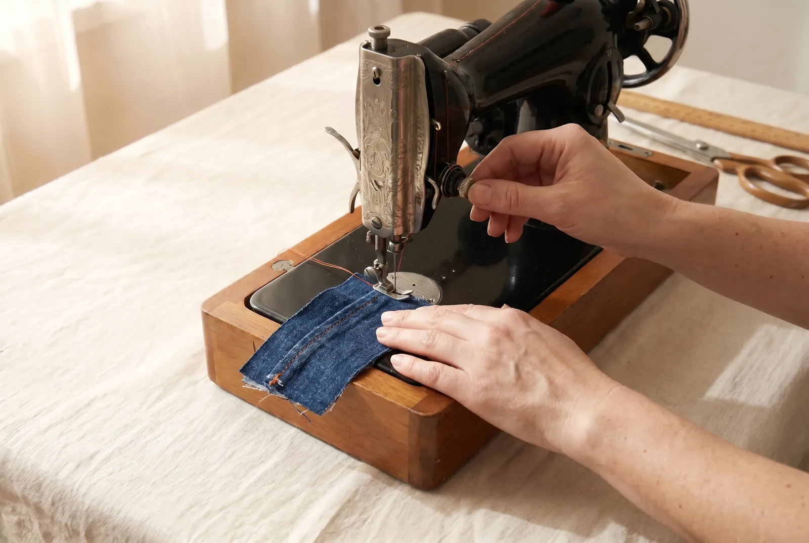 Photo: If you are stitching by machine, test first: stitch across a doubled scrap of the same denim and look at both sides, tightening the upper tension a little at a…