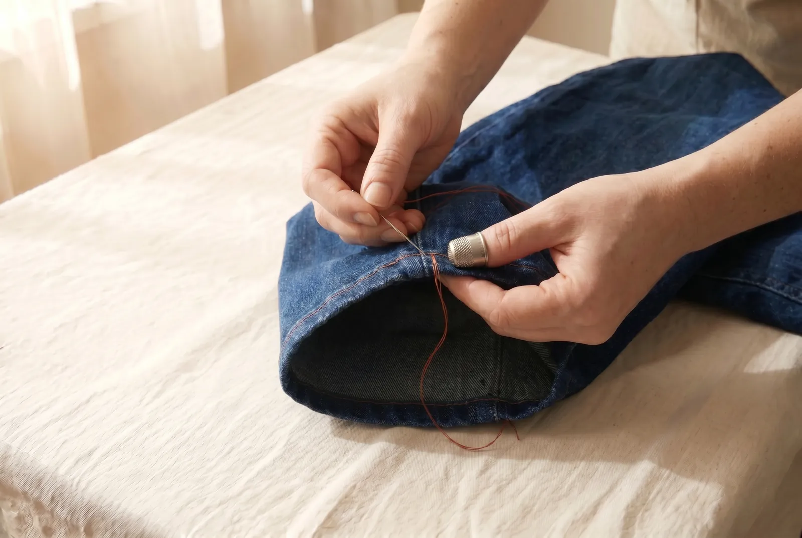 Photo: Fasten off the thread with several small stitches worked one over another and hidden on the inside of the hem, so the row cannot pull loose in the wash.