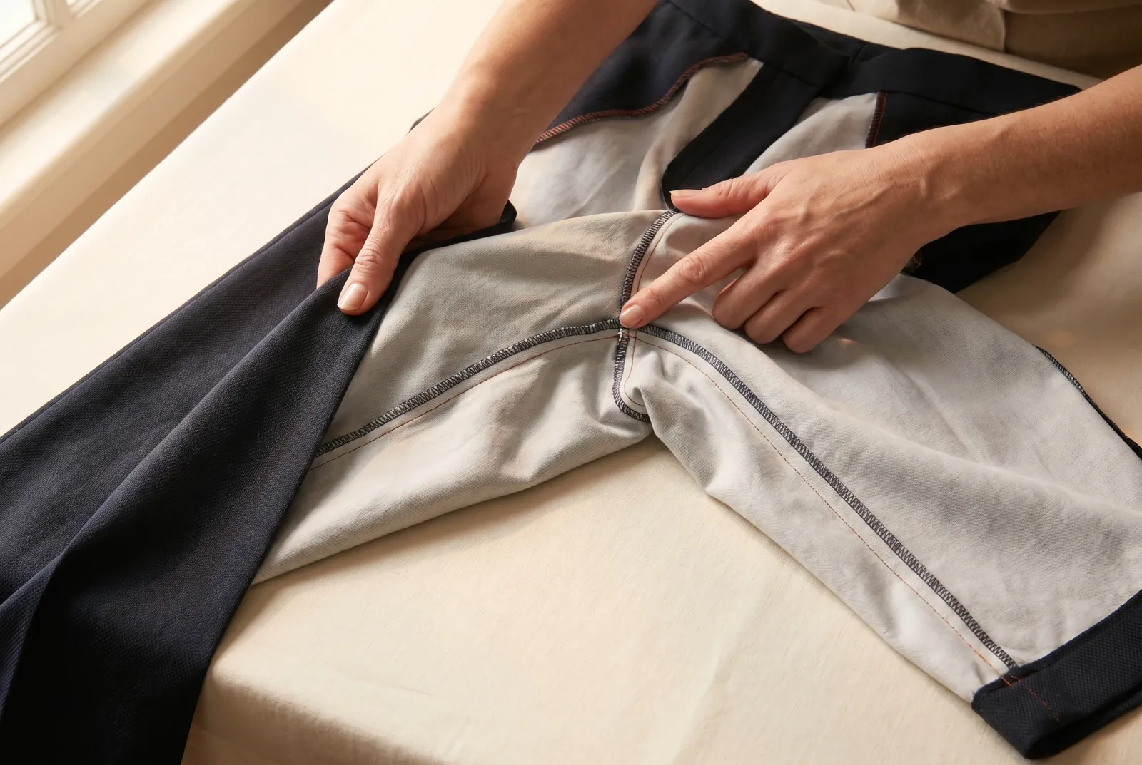 Photo: Turn the trousers inside out and find the inseam — the seam that runs down the inside of each leg from the crotch to the bottom edge.