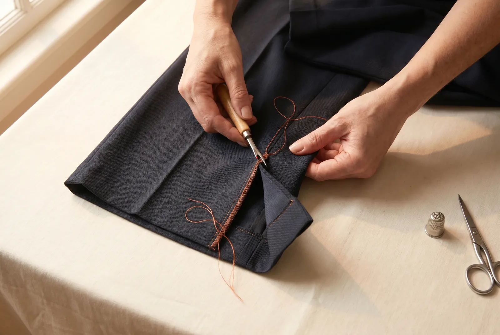 Photo: Unpick the hem for about 8 cm (3 in) on each side of the inseam so the new seam can run all the way to the bottom edge.