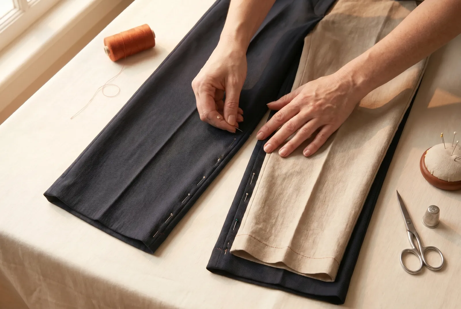 Photo: On both legs, pin a new, narrower seam line inside the old inseam.