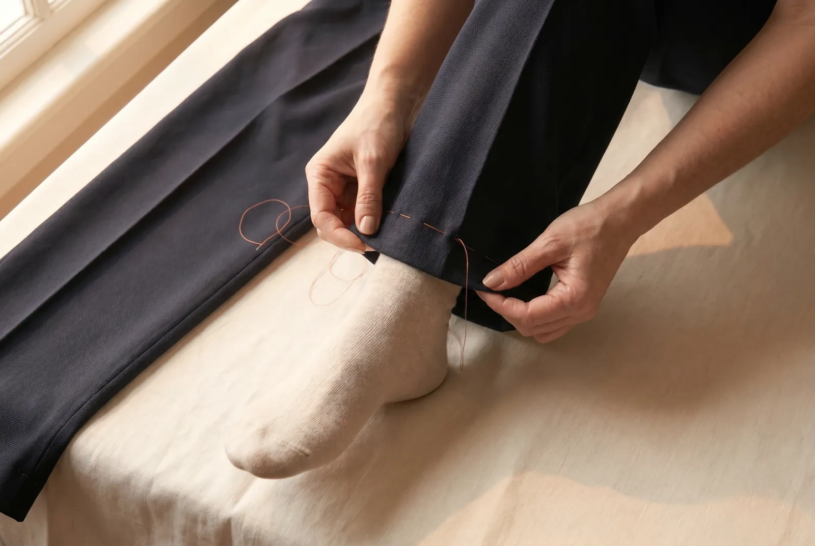 Photo: Turn the trousers right side out, try them on, and check the new width and that both legs match before you sew anything permanent.