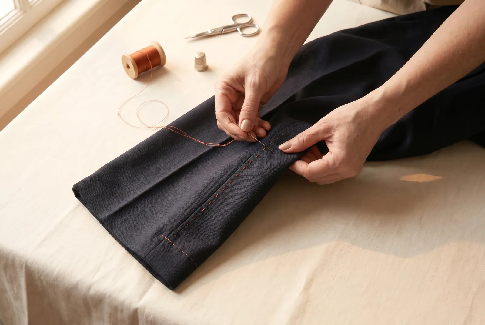 Photo: Sew the new seam on each leg along the basted line with a running stitch, taking small even stitches 1.5 to 3 mm (1/16 to 1/8 in) long.