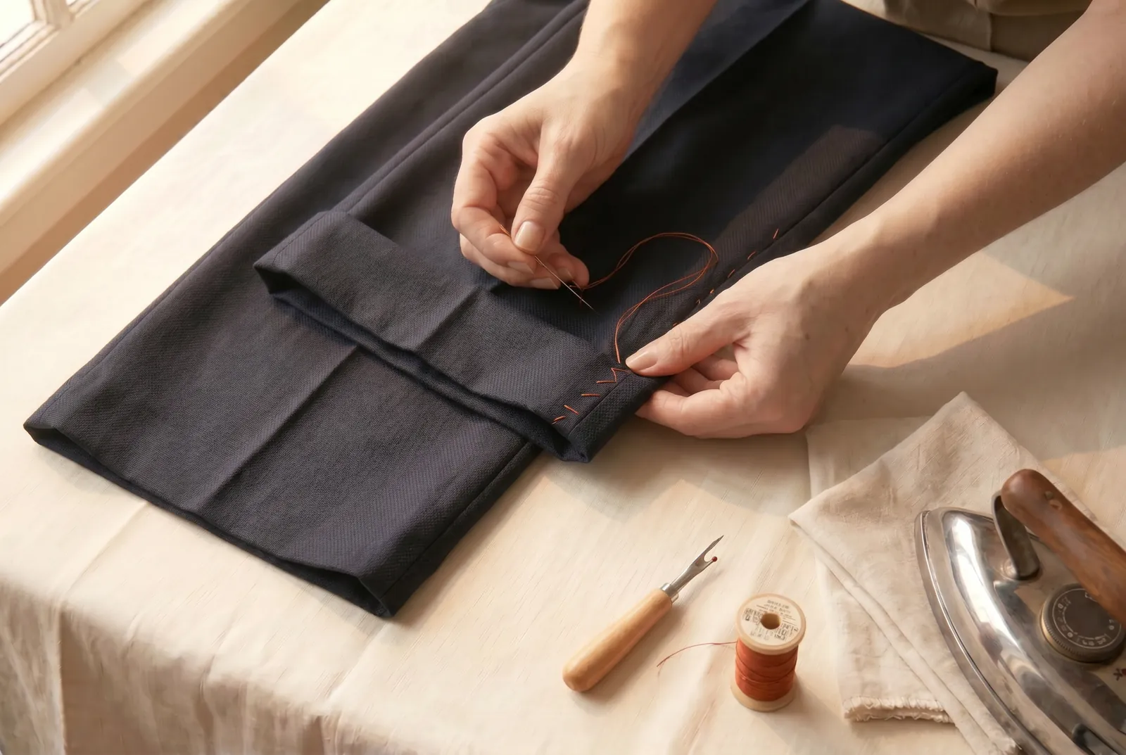 Photo: On each leg, re-fold the opened hem to its original depth — 4 to 5 cm (1 1/2 to 2 in) — enclosing the new seam end.