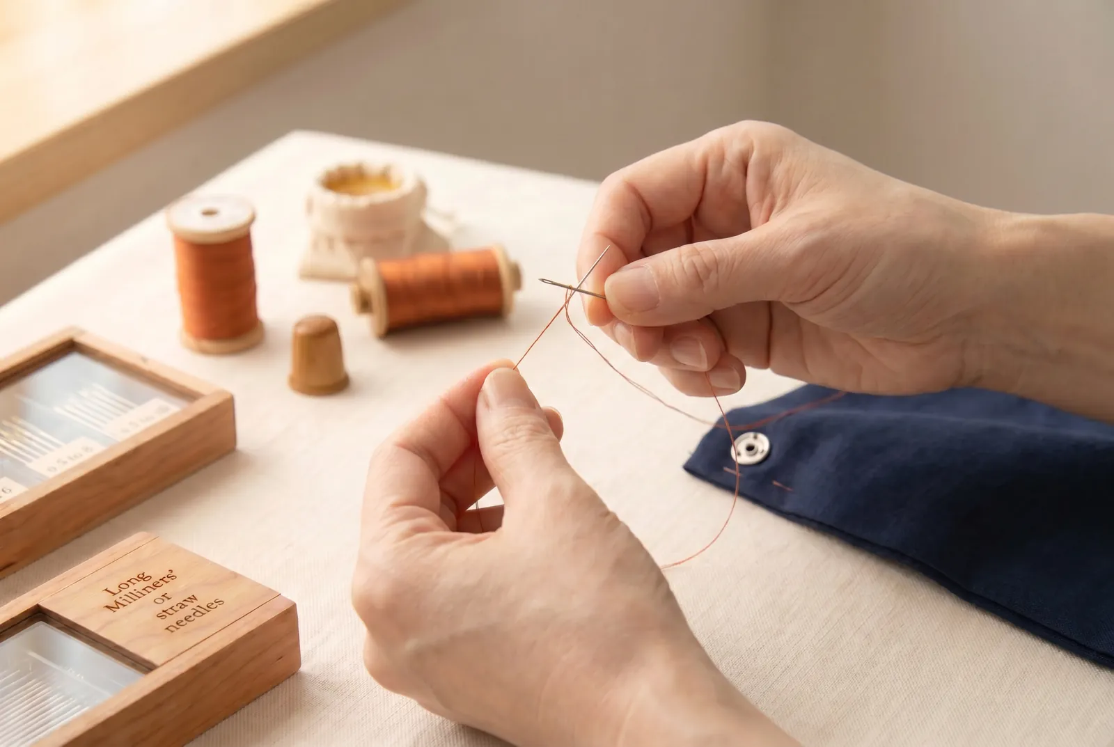 Photo: Pair the needle to the thread: pick one a little larger than the thread, so it opens the way and the thread follows through the cloth without chafing.