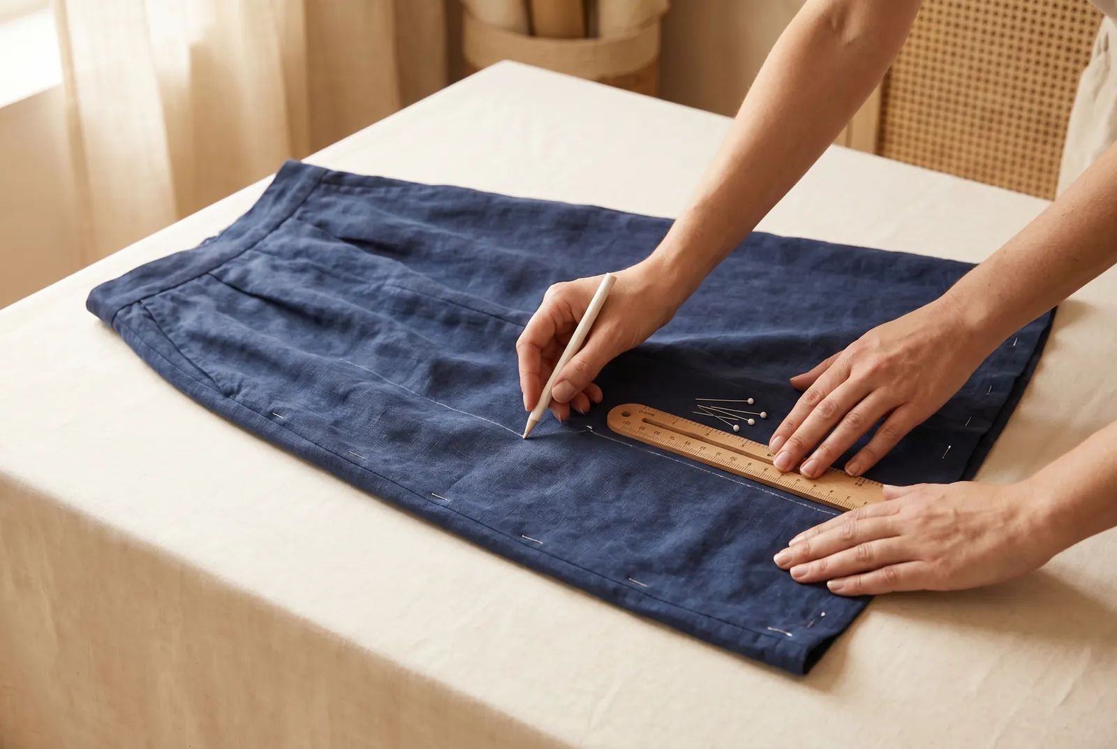 Photo: Start from a skirt you have already washed and dried, so any shrinking happens now and not after you sew, since an un-shrunk fabric can pull up and pucker a fi…