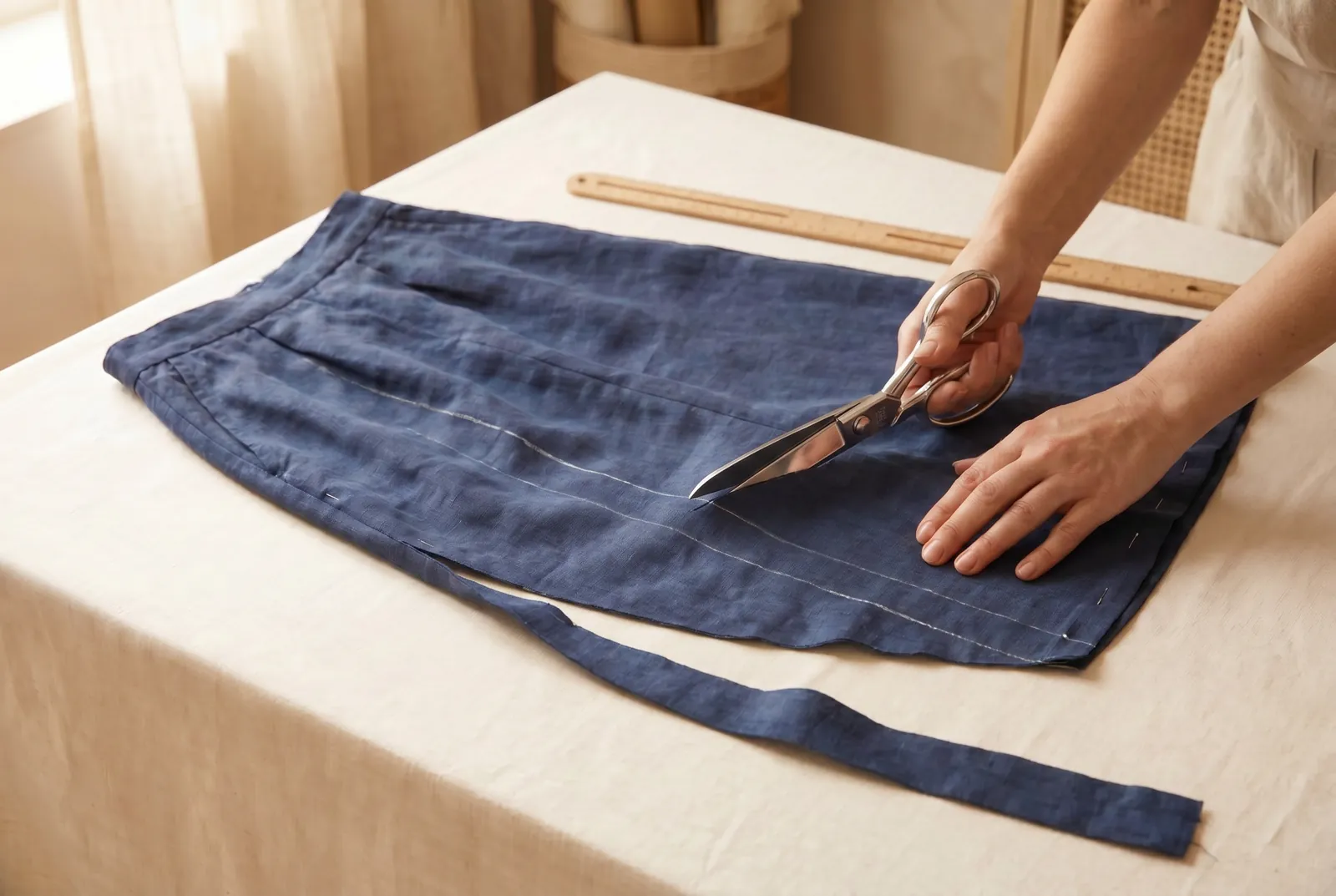 Photo: Cut along the lower chalk line with sharp fabric shears, taking long smooth strokes rather than short choppy ones so the edge stays even.