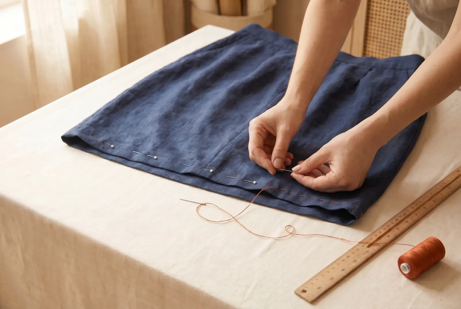 Photo: Pin the hem in place, spacing the pins about a hand's width apart with their points toward the fold.