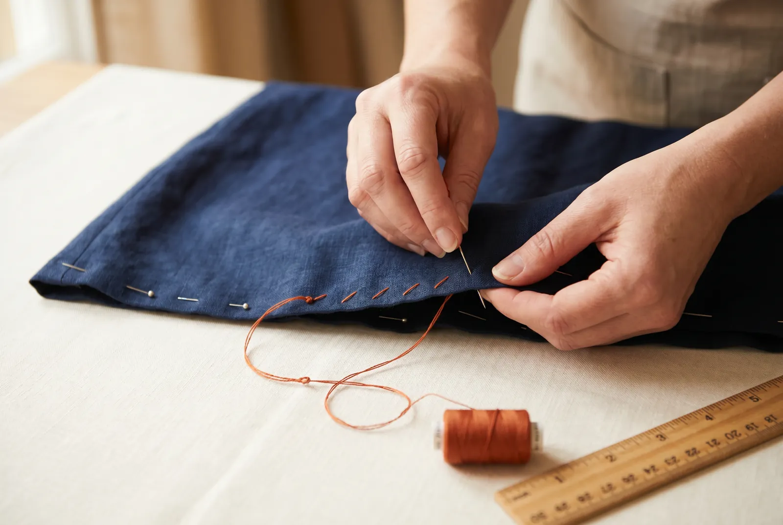 Photo: Thread a size 7-8 sharps needle with about 45 cm (18 in) of soft cotton thread (silk cuts a wet-washed cloth, and a thread much longer than this tangles as you…