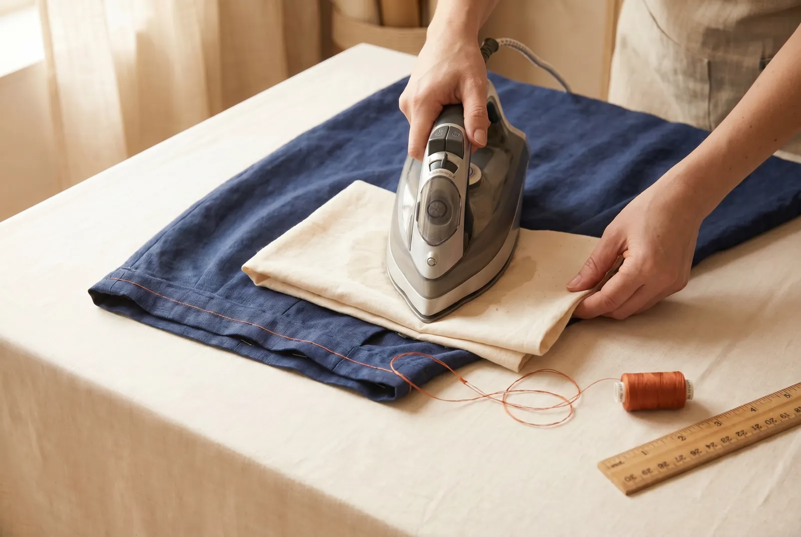 Photo: Pull out the basting thread, then press the finished hem under a damp cloth with a hot iron, working from the wrong side so the outer fabric does not shine.