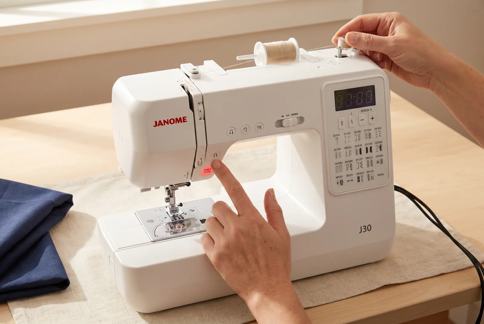 Photo: Press the start/stop button, or press the foot pedal at a moderate, steady speed, and wind the bobbin.