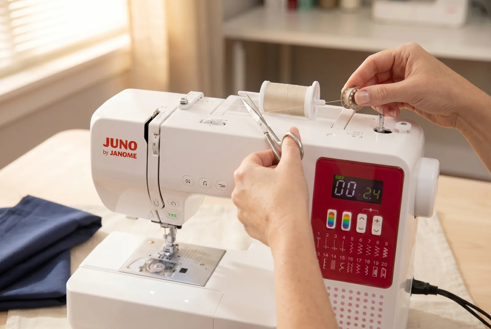 Photo: Push the spindle back to the left and lift the full bobbin off; cut the thread between the bobbin and the spool guide.