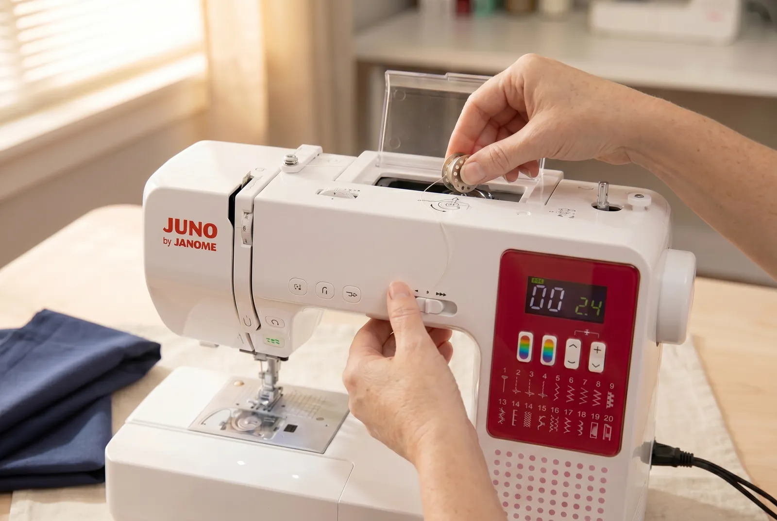 Photo: Drop the bobbin into the top-loading hook under the clear bobbin cover so the thread unwinds counter-clockwise, matching the small diagram printed next to the…