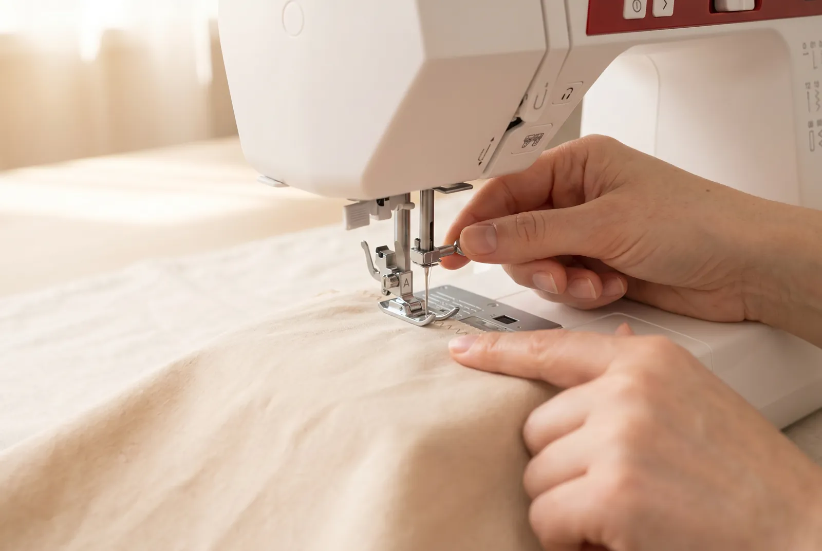 Photo: Check that the universal/zigzag foot (A) is on the machine; its wide opening lets the needle swing side to side without hitting the foot.